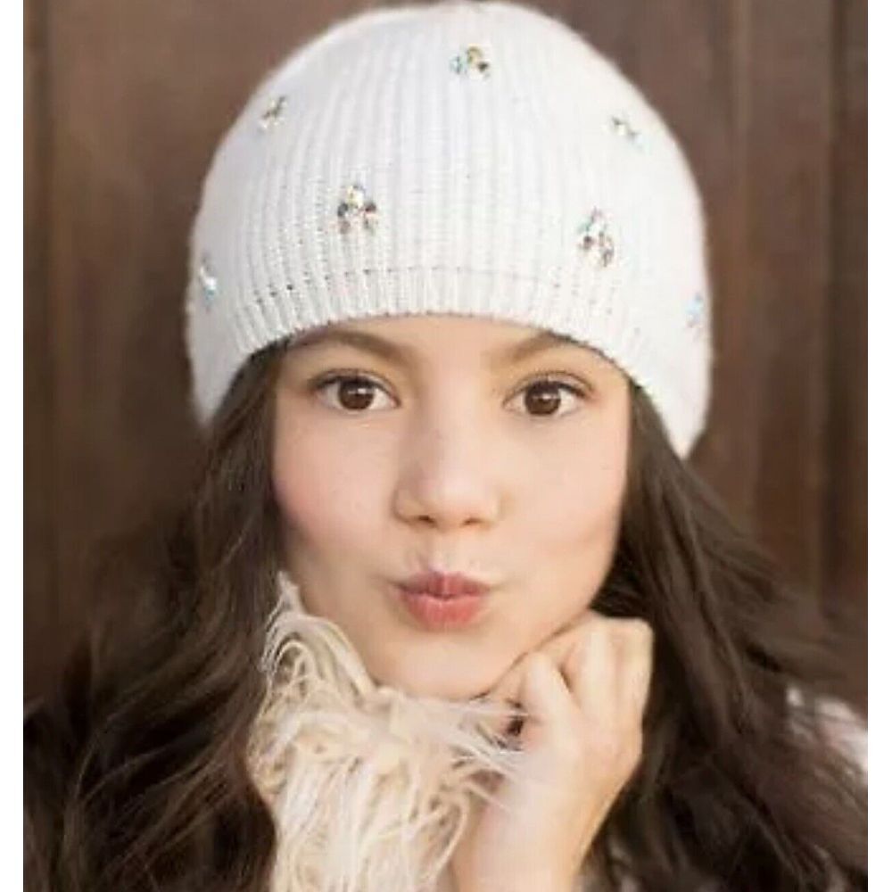 Joyfolie Mia joy Vivienne Rhinestone Jeweled Fuzzy Beanie Hat O/S One Size‎ EUC